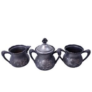 Antique Silverplate Etched Spooner Sugar Creamer 4pc Set Engraved Vintage Decor